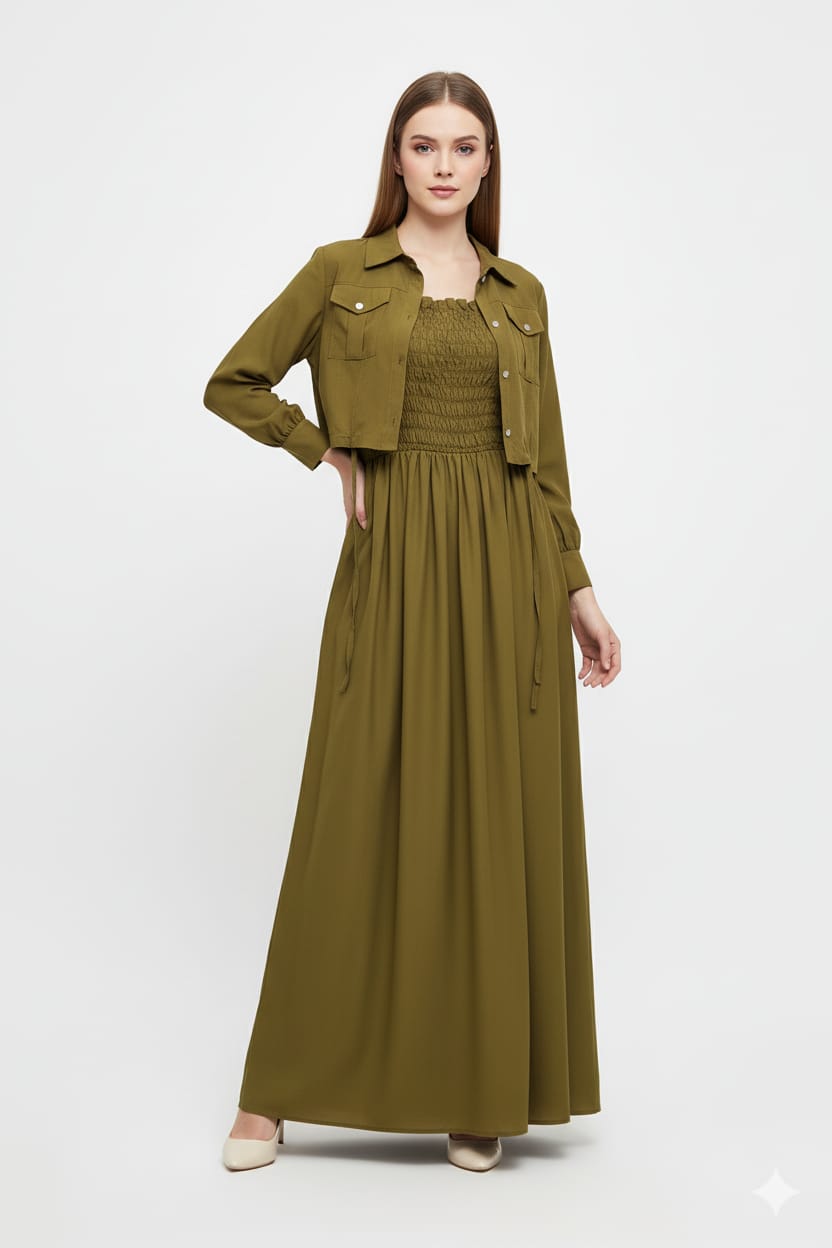 Jacket Style Maxi Dress - Olive - Afsarah Pret Women's Collection