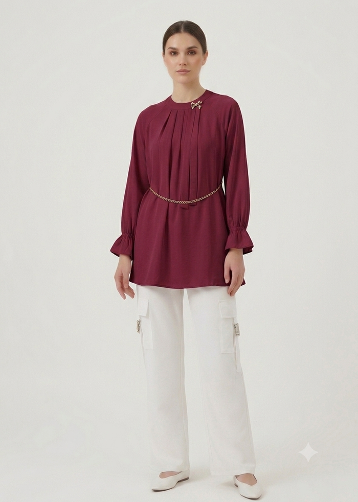 Flared-Sleeve Fusion Co-Ord Set - Mehroon