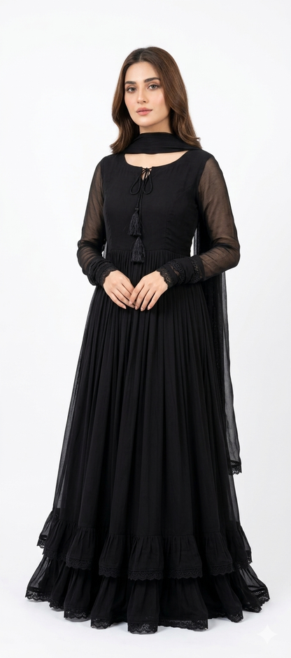 💖 Elegant Two Layers Border Flare Maxi
🌸 Includes Matching Dupatta & Trouser (3PCS)